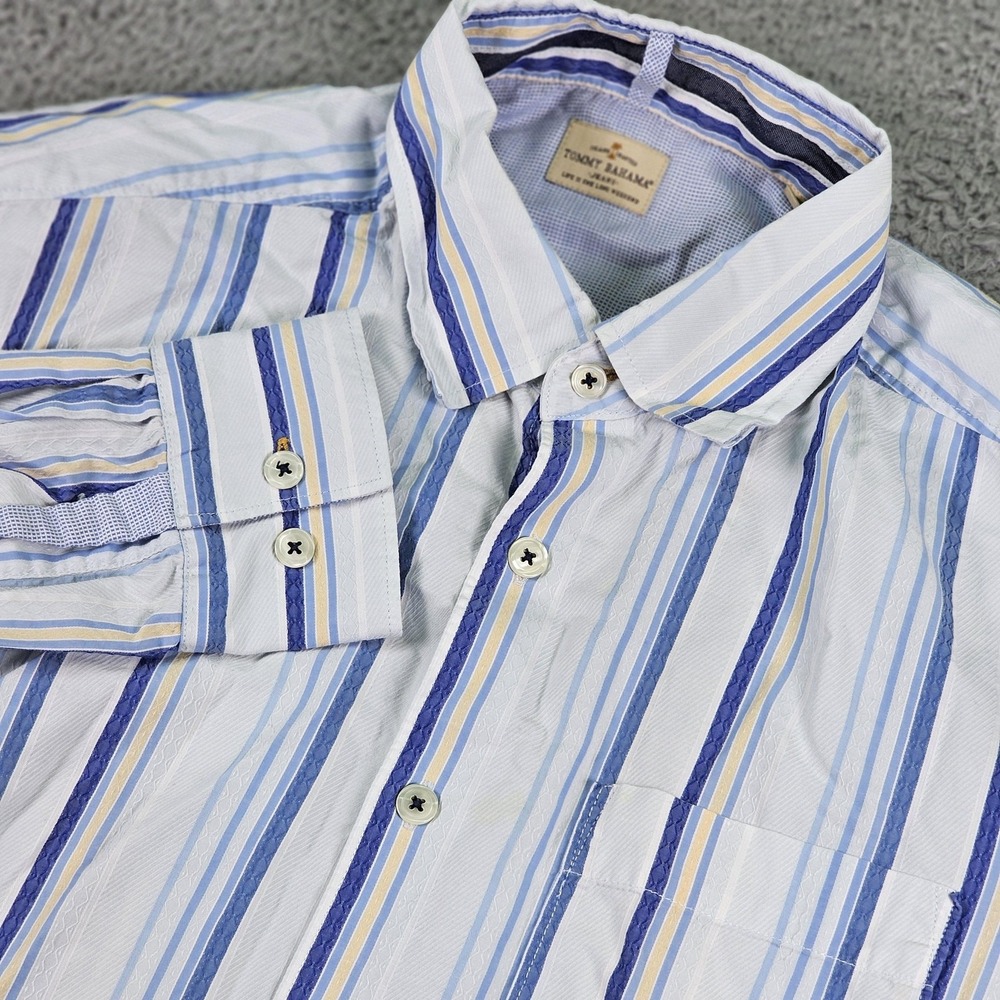 Tommy Bahama Shirt Mens Large Blue White Yellow Striped Button Up Casual Cotton